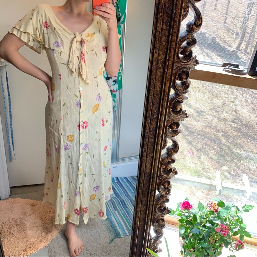90s floral maxi dress textured midi button front
